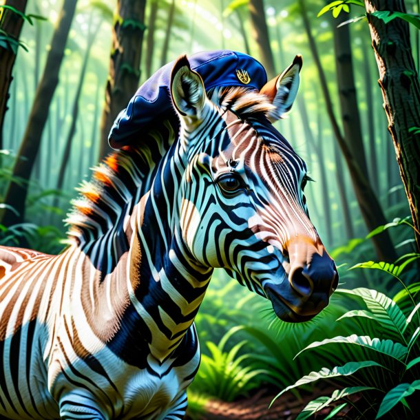 Drawing of a zebra in a cap in the forest