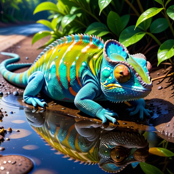 Picture of a sleeping of a chameleon in the puddle