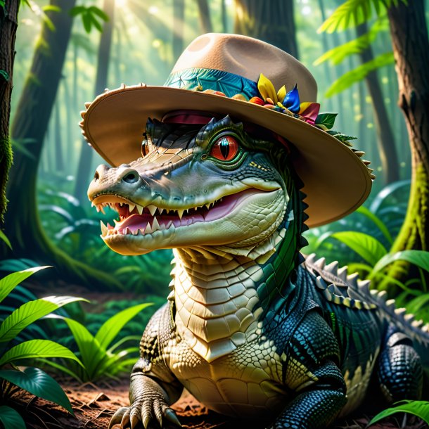 Photo of a alligator in a hat in the forest