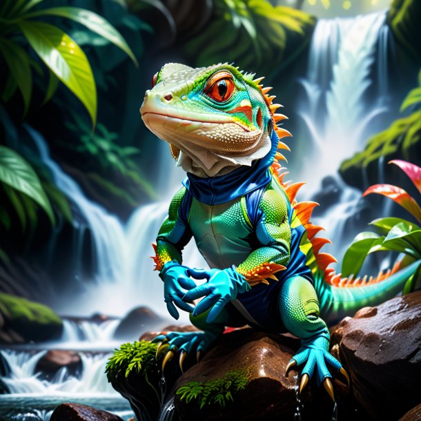 Image of a lizard in a gloves in the waterfall