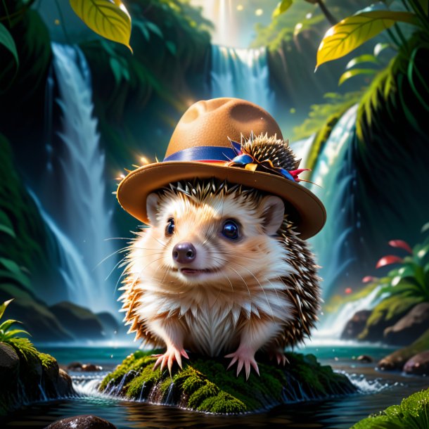 Illustration of a hedgehog in a hat in the waterfall