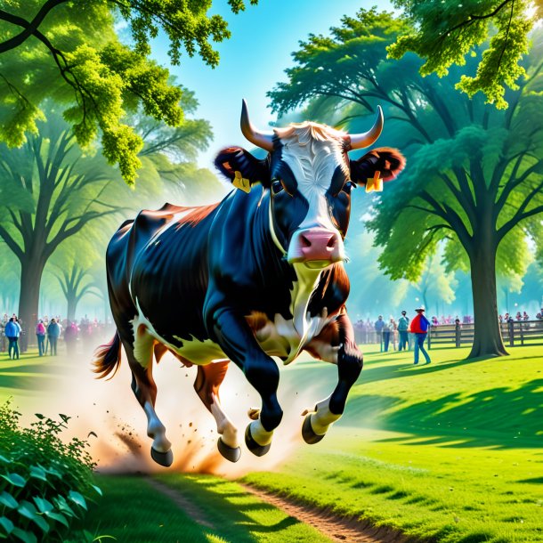 Photo of a jumping of a cow in the park