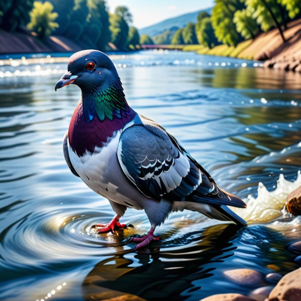 Photo of a pigeon in a jeans in the river