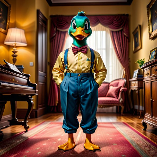 Picture of a duck in a trousers in the house