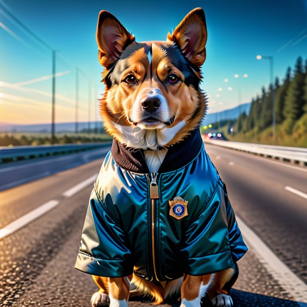 Picture of a dog in a jacket on the highway