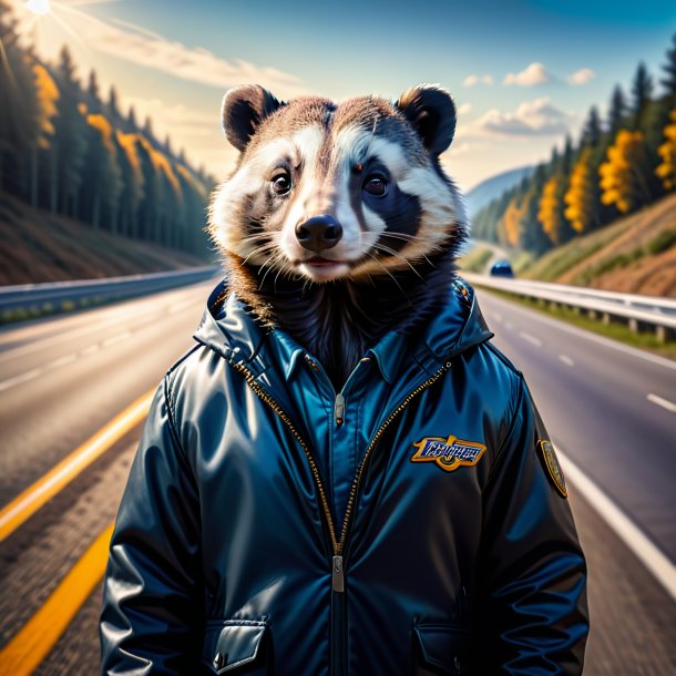 Image of a badger in a jacket on the highway