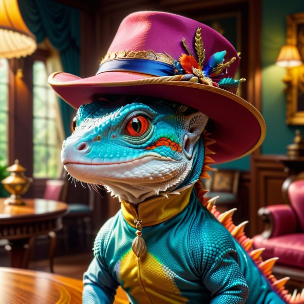 Picture of a lizard in a hat in the house