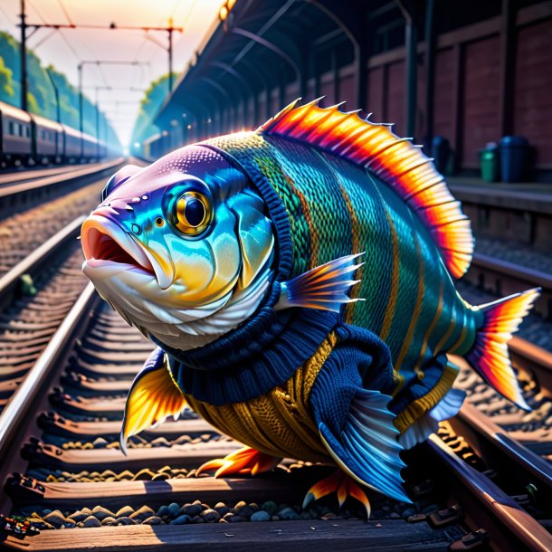 Pic of a fish in a sweater on the railway tracks