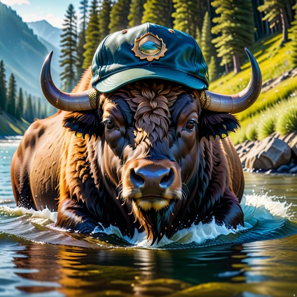 Pic of a bison in a cap in the water