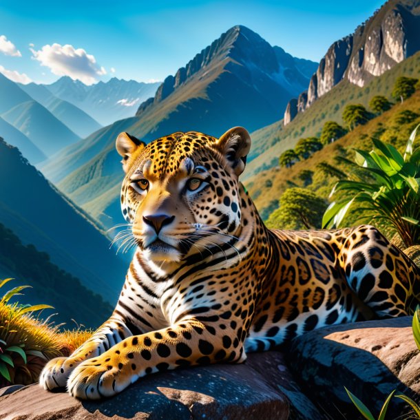 Photo of a resting of a jaguar in the mountains