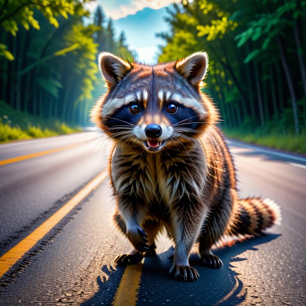 Pic of a threatening of a raccoon on the road