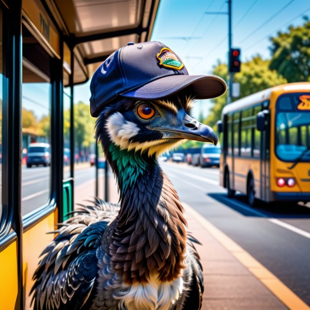 Pic of a emu in a cap on the bus stop