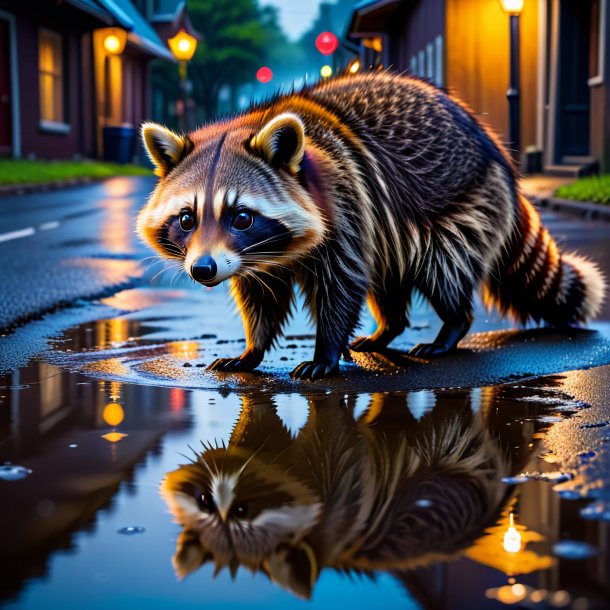 Image of a waiting of a raccoon in the puddle