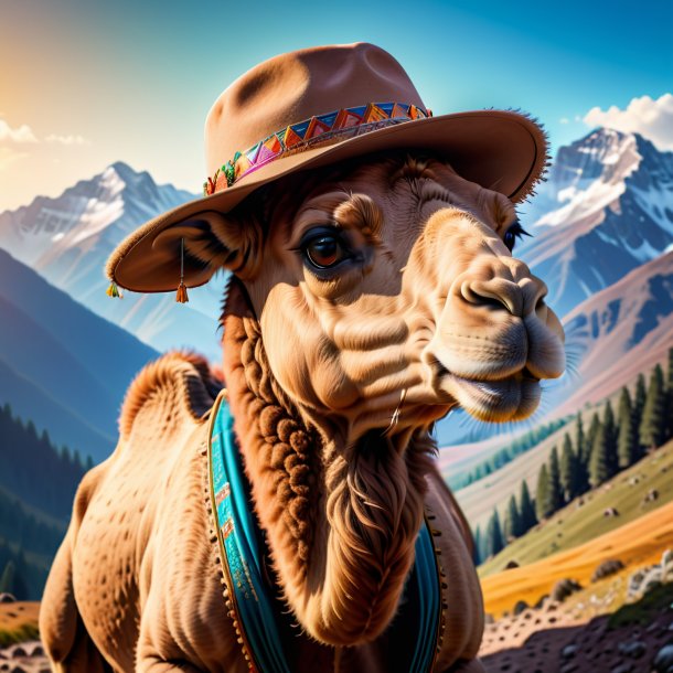 Photo of a camel in a hat in the mountains