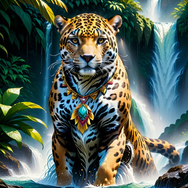 Illustration of a jaguar in a dress in the waterfall