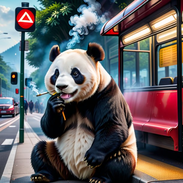 Image of a smoking of a giant panda on the bus stop