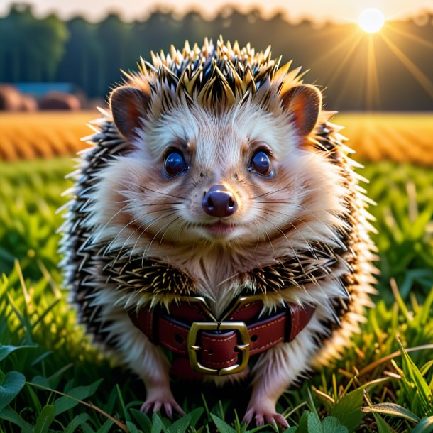 Photo of a hedgehog in a belt on the field