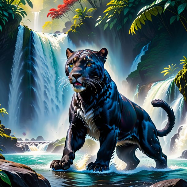 Picture of a dancing of a panther in the waterfall