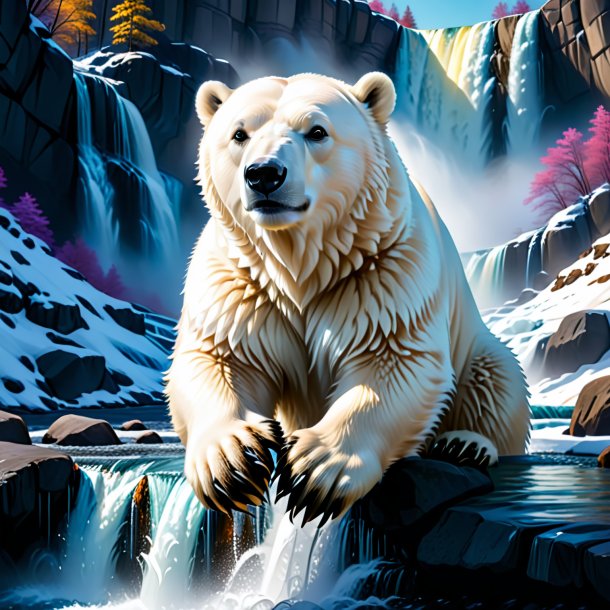 Foto de un oso polar en guantes en la cascada