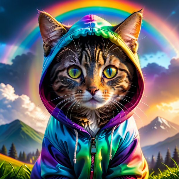 Photo of a cat in a hoodie on the rainbow