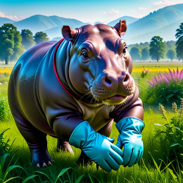 Photo of a hippopotamus in a gloves in the meadow