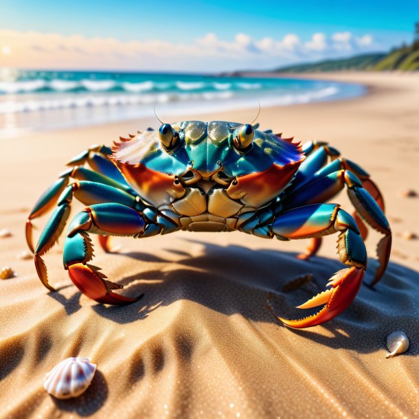 Imagem de um caranguejo em um casaco na praia