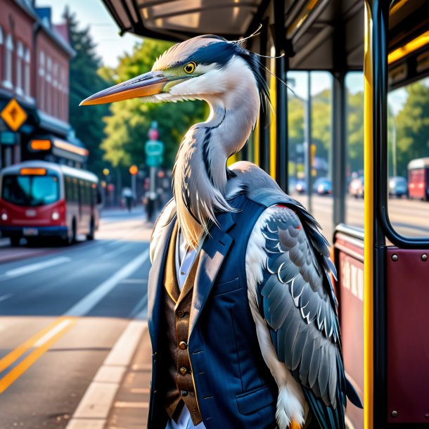 Image of a heron in a vest on the bus stop