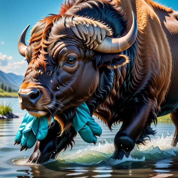 Picture of a buffalo in a gloves in the water