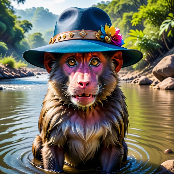 Imagen de un babuino en un sombrero en el río