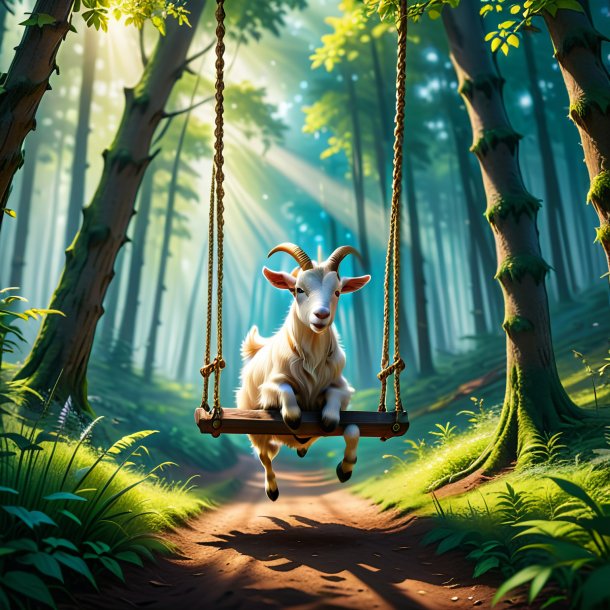 Photo of a swinging on a swing of a goat in the forest