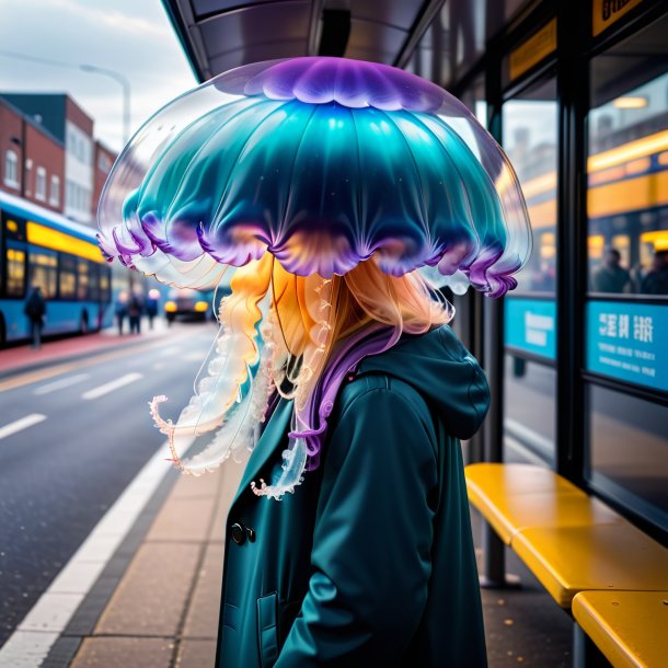 Foto de una medusa en un abrigo en la parada de autobús