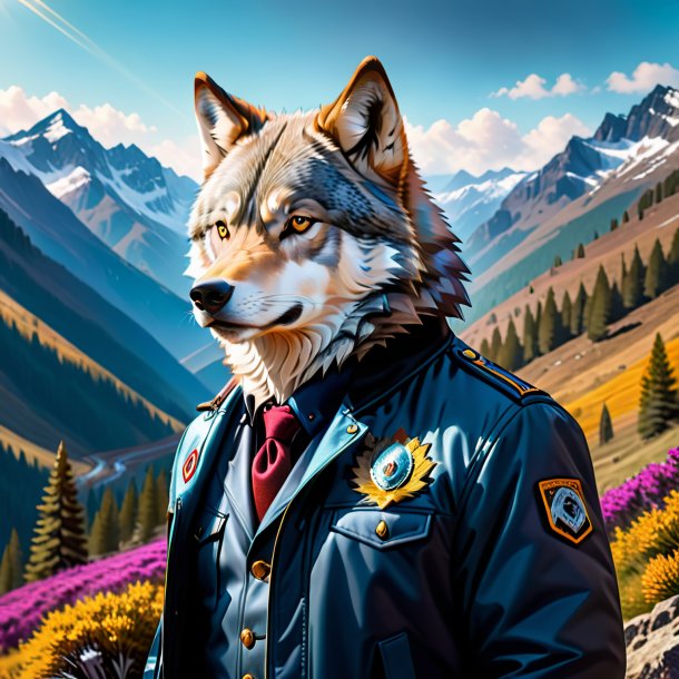 Picture of a wolf in a jacket in the mountains