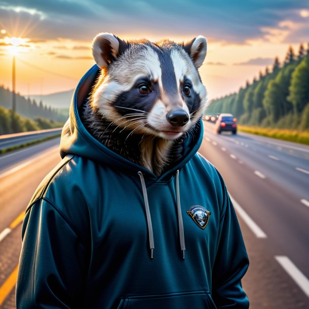 Photo of a badger in a hoodie on the highway