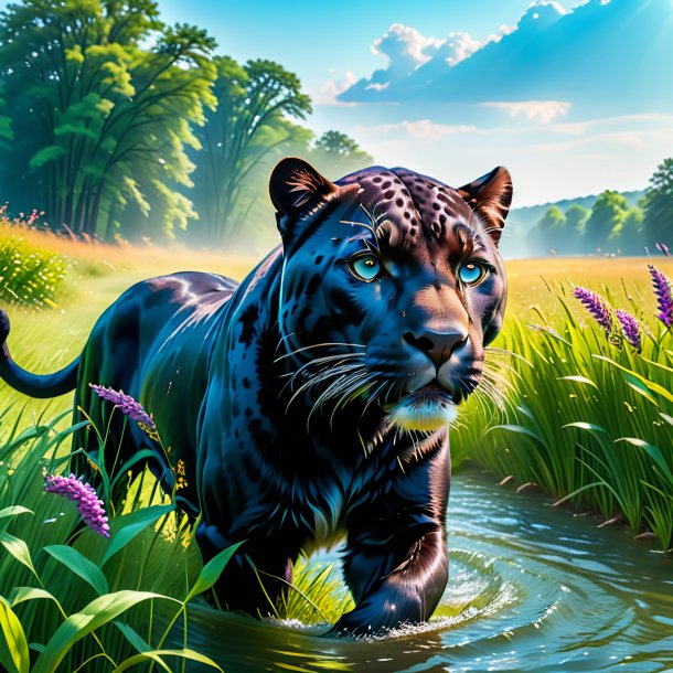 Image of a swimming of a panther in the meadow