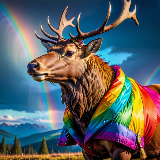 Pic d'un wapiti dans un manteau sur l'arc-en-ciel