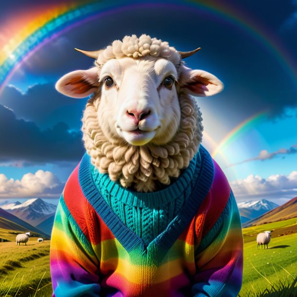 Picture of a sheep in a sweater on the rainbow