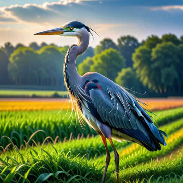 Foto de um garça em uma saia no campo