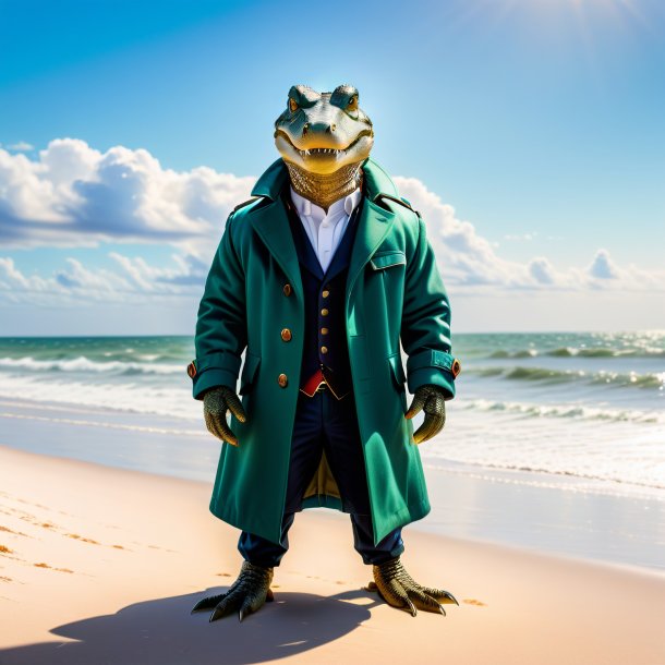 Picture of a alligator in a coat on the beach