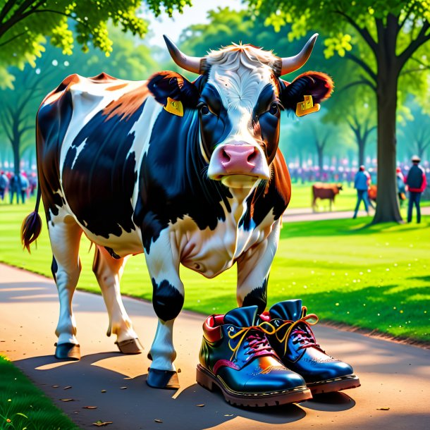 Picture of a cow in a shoes in the park