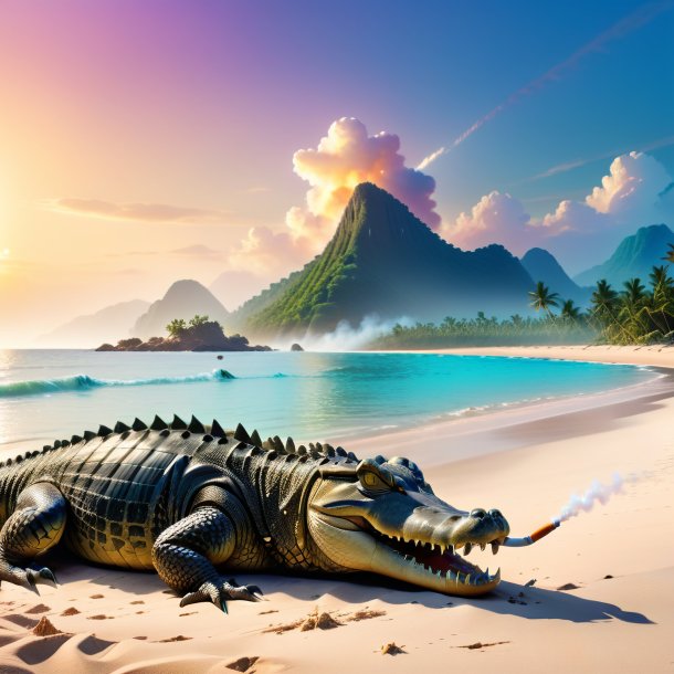 Image of a smoking of a crocodile on the beach