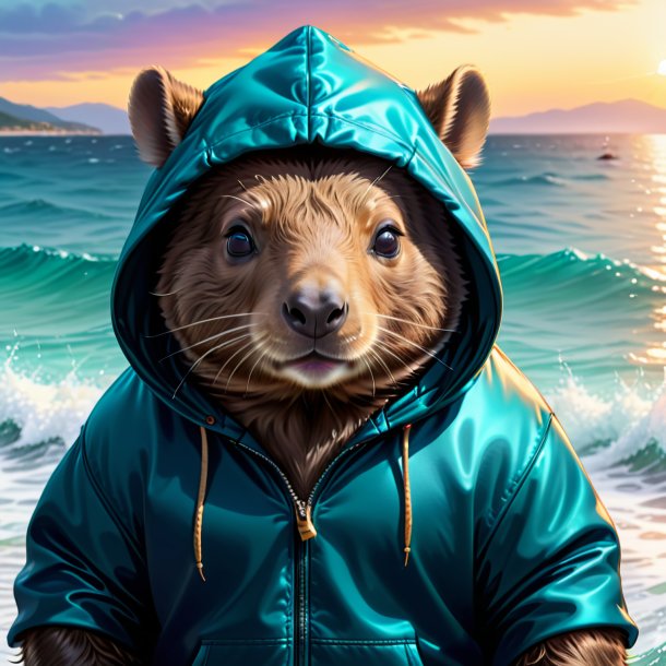 Desenho de um wombat em um hoodie no mar