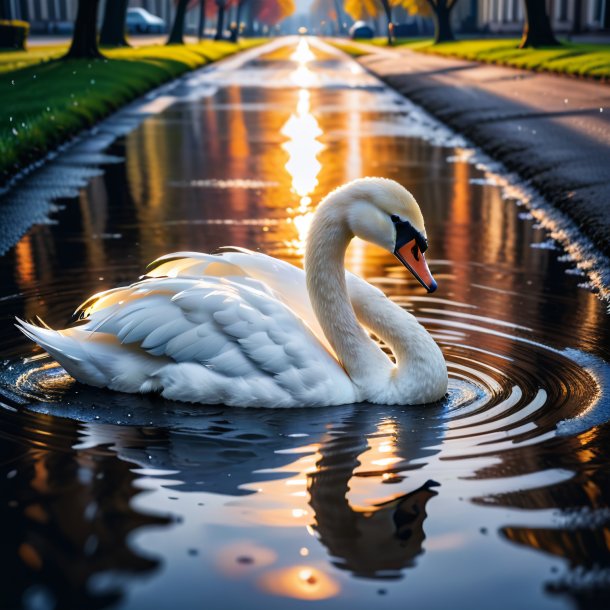 Photo of a playing of a swan in the puddle