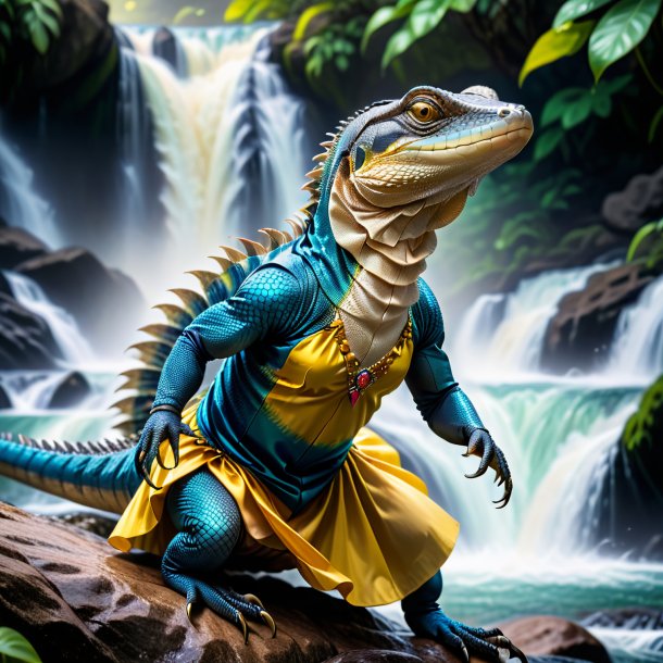 Photo of a monitor lizard in a dress in the waterfall