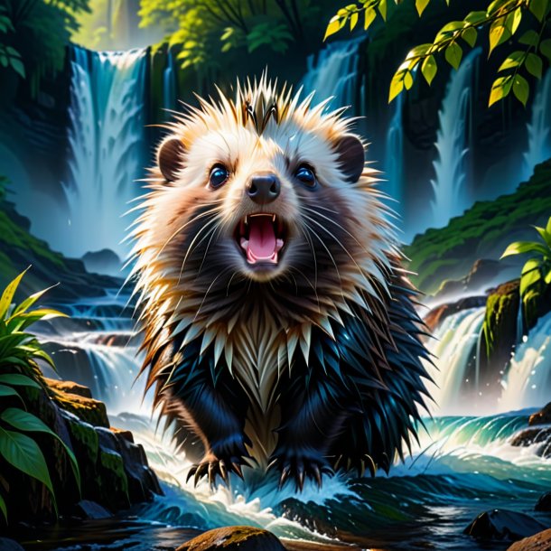 Photo of a crying of a porcupine in the waterfall