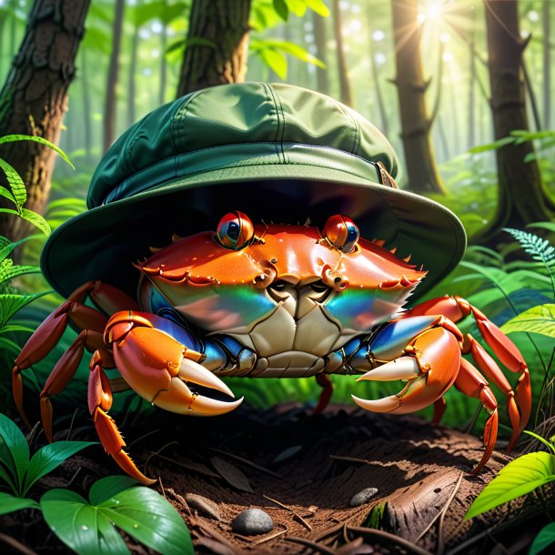 Dessin d'un crabe dans une casquette dans la forêt