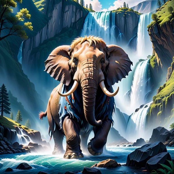 Illustration of a mammoth in a jeans in the waterfall