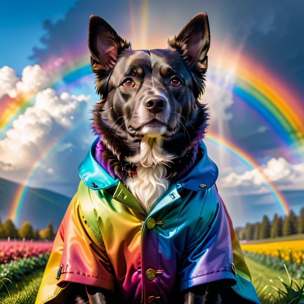 Photo d'un chien dans un manteau sur l'arc-en-ciel