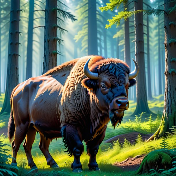 Pic of a waiting of a bison in the forest