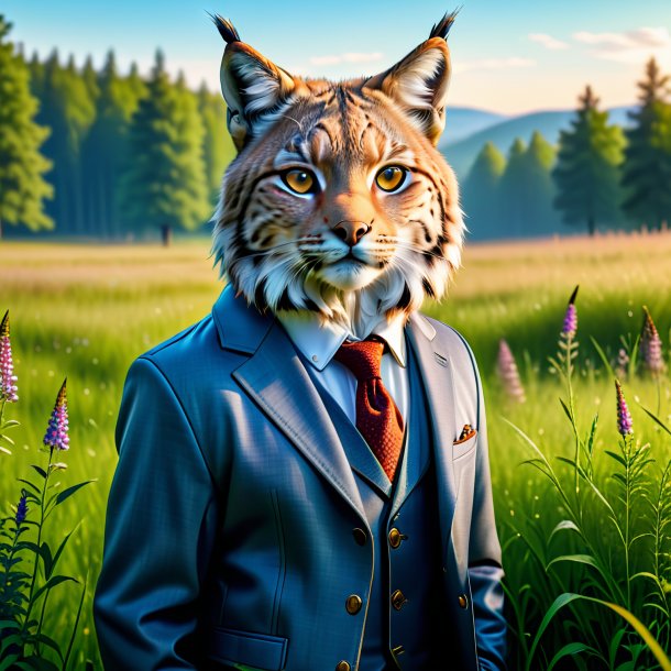 Photo of a lynx in a jacket in the meadow