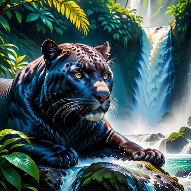 Photo of a resting of a panther in the waterfall